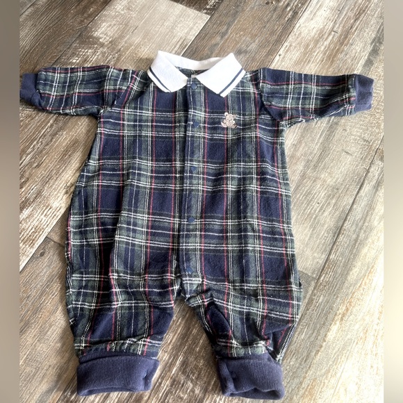 Vintage 90s Baby Navy plaid flannel one piece bodysuit w/ collar by Little Me - Picture 2 of 11
